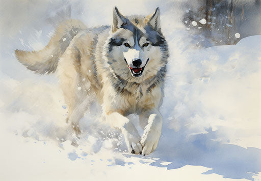 A husky running in the snow, light and dark color style