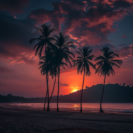 Palolem Beach, India: palm trees against fiery sunset