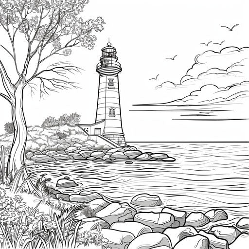 A lighthouse by the sea. Coloring book page