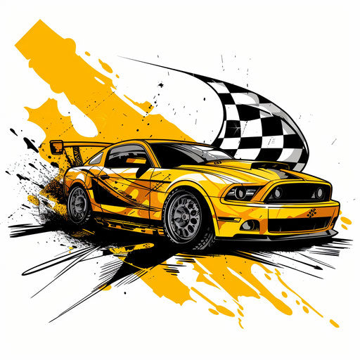 Race car with checkered flags and intense yellows