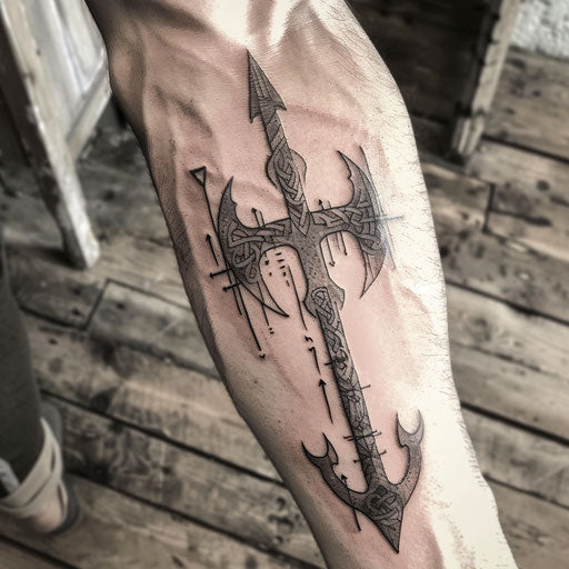 Norse-inspired trident tattoo with runes and wood texture on white