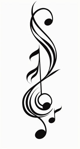 Music note icon black on white transparent bg, lyrical, folk/naive style