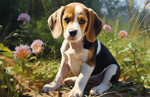 Beagle puppy on a lawn with flower, eerie realism, sharp edges