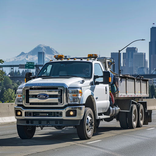 Mobile workshop on the highway with city view