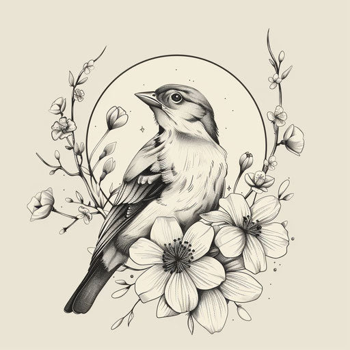 Elegant tattoo sketch of a blackbird surrounded by delicate white floral motifs