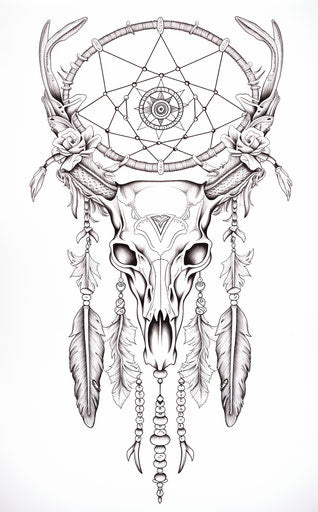 Dream catcher with deer skull and feather pattern, folk style