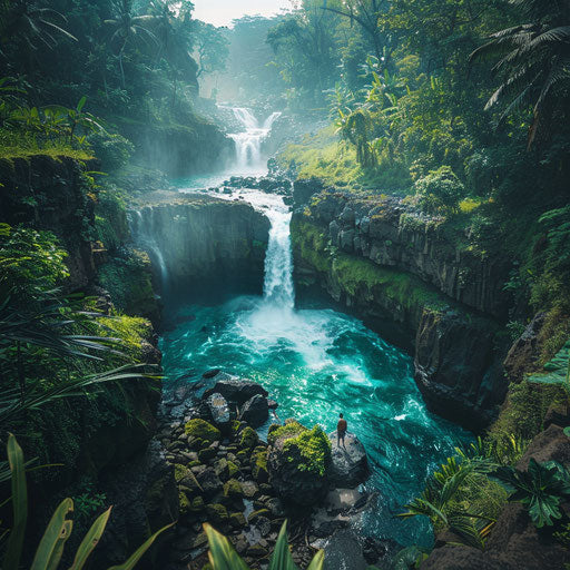 Tegenungan Waterfall with turquoise pools and rugged landscape
