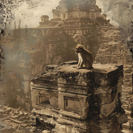 Cute monkey exploring ancient ruins