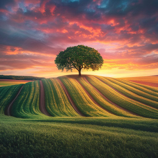 Lonely tree in large field under colorful sunset