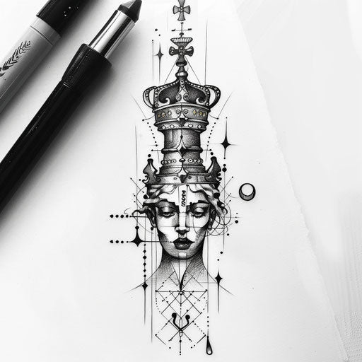 Modern flat tattoo sketch of a chess queen with a crown