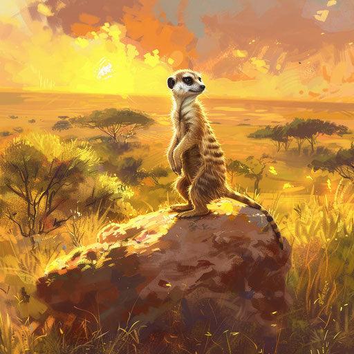 Meerkat guarding on sunlit rock, vibrant savanna