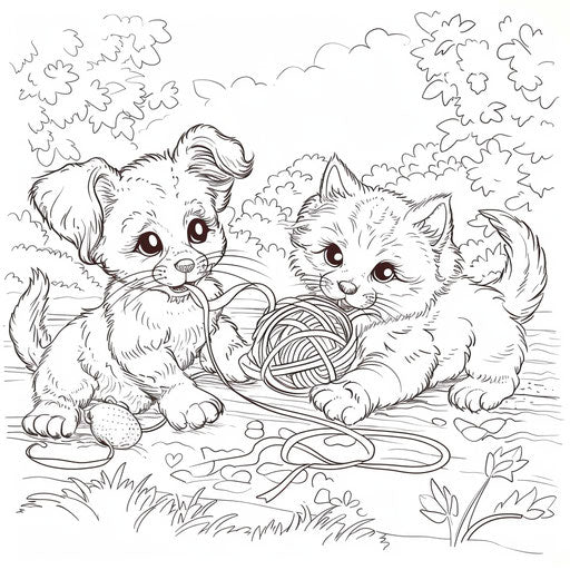 Playful scene of a puppy and kitten playing with a ball of yarn