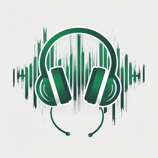 Audio logo in green and white with a modern background