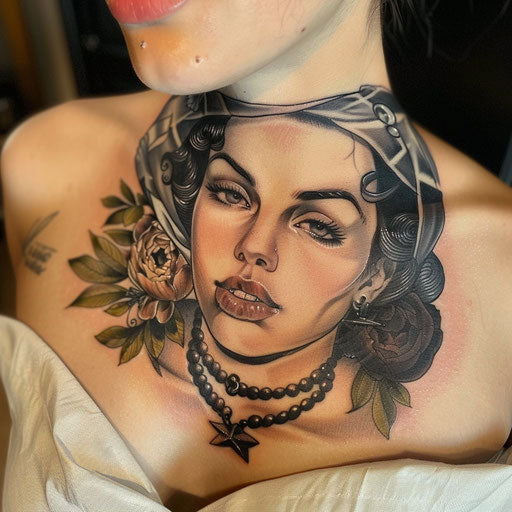 Realistic chest tattoo portrait for women