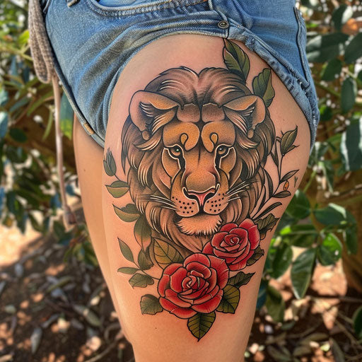 Thigh tattoo of lion and roses in the style of Peter Jackson
