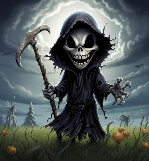 Portrait of grim reaper with smiling scythe