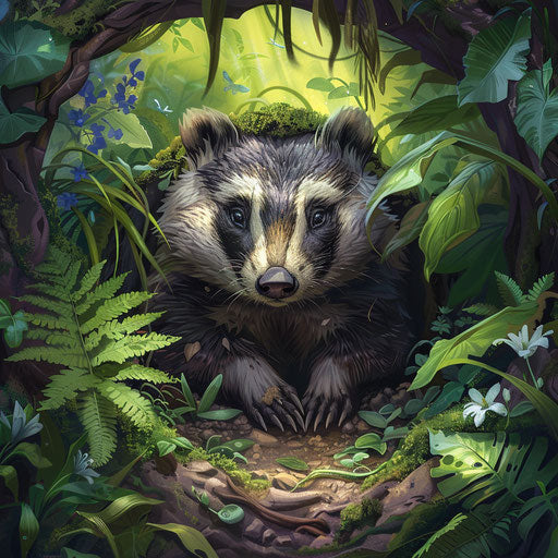 Badger emerging from burrow in lush forest