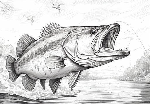 Bass fishing coloring page with fish, realistic style, 8k resolution