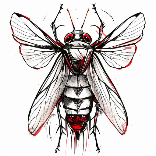 Bold cicada tattoo sketch with black outlines and flat red accents, clipart design