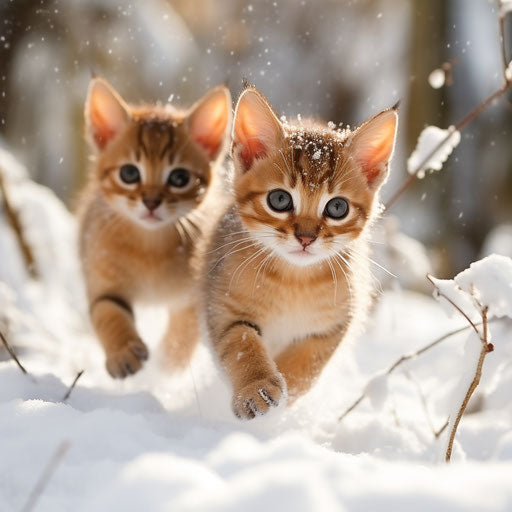 Abyssinian cat kittens playing in the snow