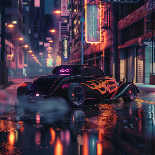 Urban flaming wheel neon lights reflection