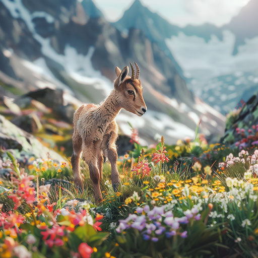 Young ibex playing in alpine blossoms