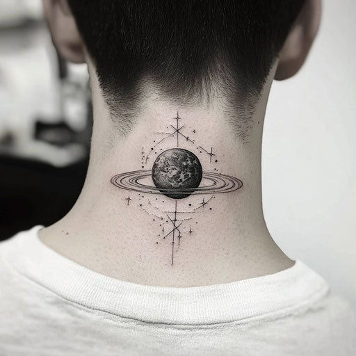 Minimalist planet and stars neck tattoo for men