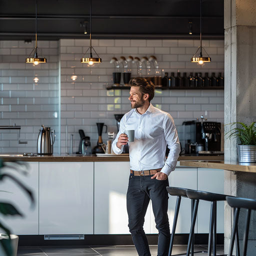 A businessman enjoys a coffee break in a stylish kitchen