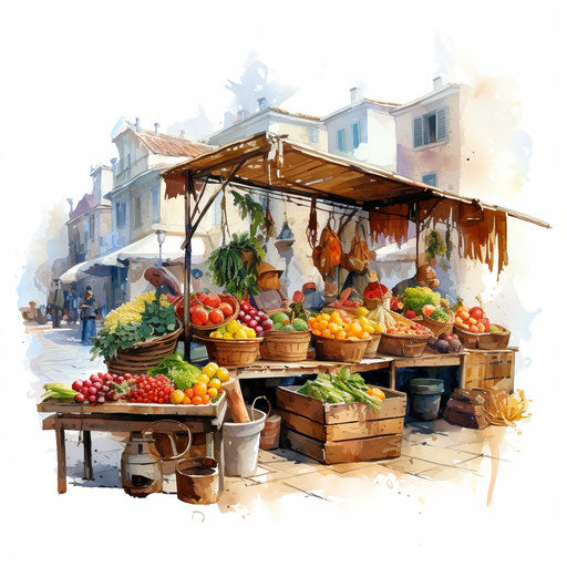 Market clipart in the style of Oil painting, on a white background