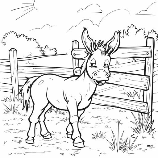 Cute donkey braying near a wooden fence on a farm.
