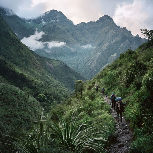 The Ruwenzori Mountains with climbers on a rugged trail