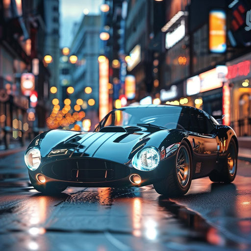 Electric Shelby Daytona with a sleek, futuristic design and LED lighting, silently cruising through a modern city.
