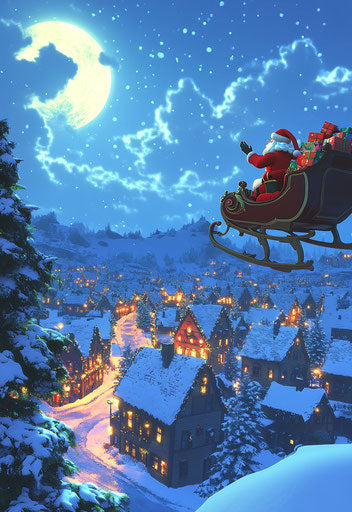 Christmas night with Santa flying in his sleigh over village