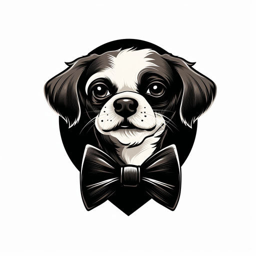Black and white logo of a dog with a bow tie