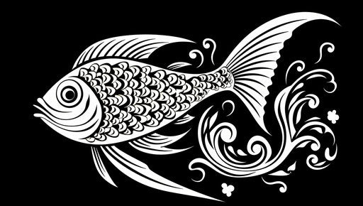Golden fish coloring page, deeply symbolic art style, woodblock printing 37:21