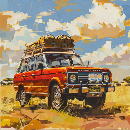 Vintage Range Rover on safari through the African savannah