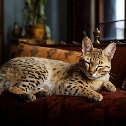 A serval cat sleeping on a couch