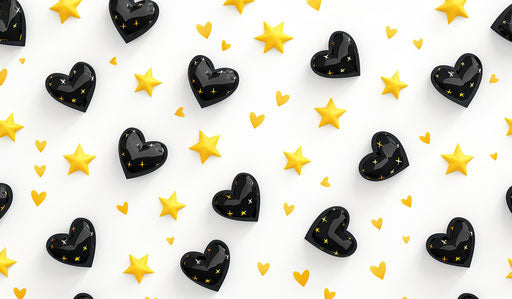 Black hearts and yellow stars on white background