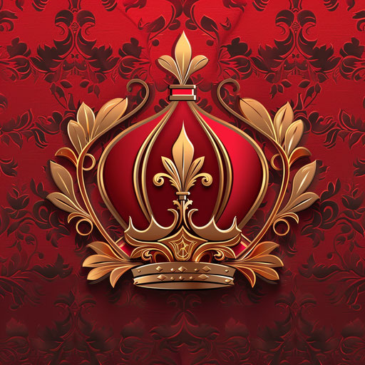 Crown logo in red and gold with a regal background