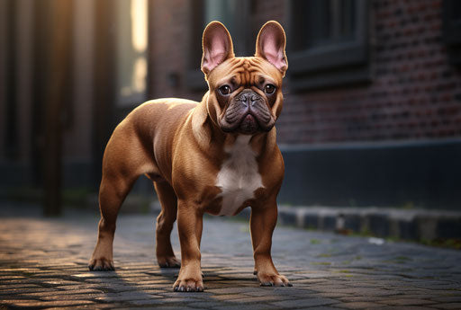 French bulldog on sidewalk with grass, light maroon and dark gold