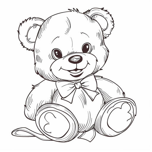 Teddy bear with bow tie sitting down. Coloring book page