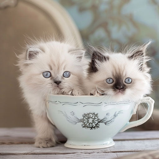 Pair of Himalayan kittens sitting in a teacup, curious