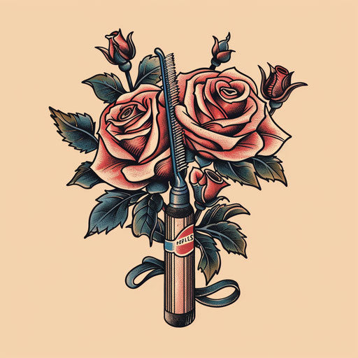 Flat sketch of a barbershop emblem with classic tattoo-style roses