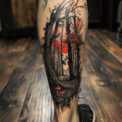 Realistic tattoo of a haunted forest on the calf