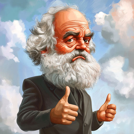 Humorous caricature of a Karl Marx caricature with human characteristics, exaggerated arched eyebrows, fingers hands, cloudy sky, vibrant colors, cartoon style, angry, high resolution, no background, isolated -c 40