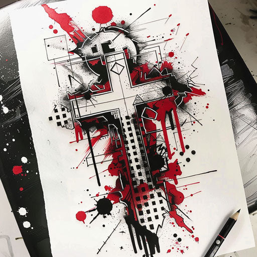 Edgy tattoo sketch of a cross stitch tattoo with street art influence and bold, splashy ink spots