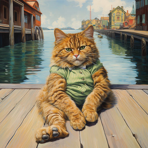 Louis Wain's cat lying on the dock