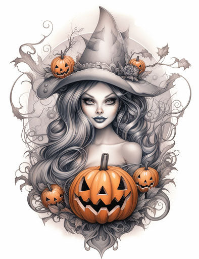 Halloween tattoo on body witch pumpkin bat moon s