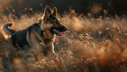 German shepherd dogs running in grass, light navy and light amber style