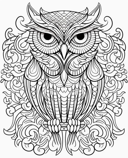 Adult coloring pages, owls and feathers, captivating style, ornate simplicity